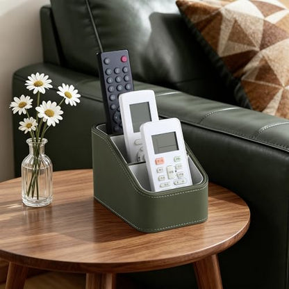 PU Leather Remote Control Holder, Small Desk Organizer Office Supply Bedside Caddy for Nightstand End Table Couch, Pen Remote Organizer with 3 Compartments (Green) - color: Green