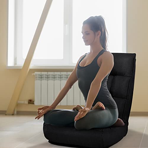 MAT EXPERT Folding Floor Chair, Floor Gaming Chair w/ 4-Position Backrest, 5-Position Adjustable Headrest, Side Pocket, Indoor Floor Chair w/Back Support for Bedroom, Living Room (Black) - color: Black