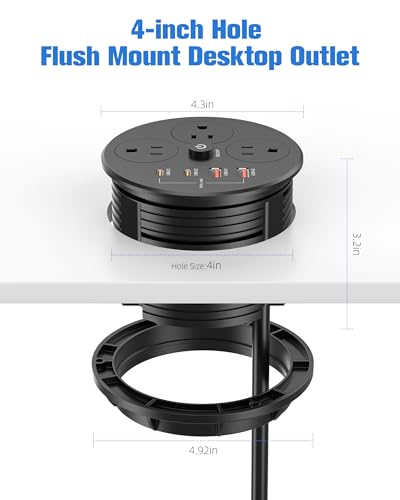 Desktop Power Grommet with 100W USB C, Double-Side Recessed Charging Station Plug in 5AC Outlets & 4 USB Ports, 4-Inch Hole Furniture Flush Mount for Countertop Black - color: Black