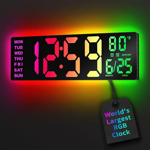 EASYERA 16.5" Large Digital Wall Clock with BT Sync, RGB Lights with 11 Scenes Mode Remote Control, Dual Alarms with Big LED Display, Auto DST, Temperature for Classroom Gaming - color: Black