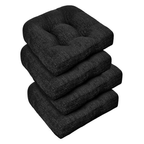 downluxe Chair Cushions for Dining Chairs 4 Pack, Tufted Indoor Chair Pads with Non-Slip Bottom, U-Shaped Kitchen Chair Cushions, 17"x17"x4", Black - color: Black, size: 17"x17"x4"(4 Pack)