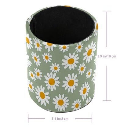 Light Green and Daisy Pen Holder Pencil Organizer for Desk, 3.1” x 3.1” x 3.9” Pencil Cup Office Supplies, Large Capacity Cute Pen and Makeup Brush Holder for Home, School, Desktop - color: Light Green and Daisy