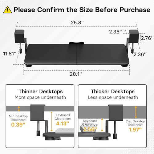 BONTEC KMT01-PJ Under Desk Keyboard Tray, Pull-Out Keyboard & Mouse Platform with C-Clamp, 20 x 11.8 in Space-Saving Ergonomic Slide-Out Drawer, Black - color: Black, size: 20" x 11.8"