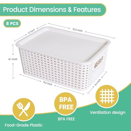 Plastic Storage Baskets with Lid-Plastic Storage Containers Stackable Storage bins: Storage Baskets for Organizing Shelves Drawers Desktop Closet Playroom Classroom Office,8 Pack-White10.2x7.2x4.1Inch - color: White