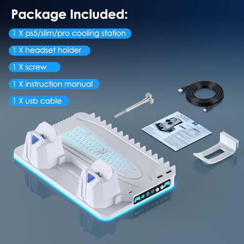 PS5/Slim/Pro Stand and Cooling Station with Dual Controller Charging Station for PlayStation 5 Console Disc & Digital, PS5 Controller Charger and Cooling Fan with Game Storage, Headset Holder
