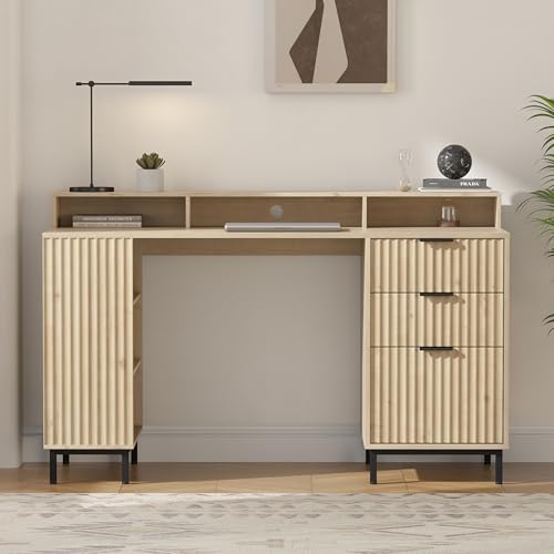 55'' Fluted Executive Desk with Drawers, Modern Home Office Computer Desk with Charging Station, File Drawer, Monitor Stand, Storage Shelf for Work Writing Study, Light Oak - color: Light Oak, size: 55.1"W x 21.6"D x 34.2"H