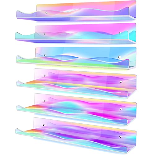 DILIBRA 6 Packs Iridescent Clear Acrylic Floating Shelves, 15.7 Inch Large Set up for Funko Pop Display Case Picture Ledge Shelf, Acrylic Floating Wall Bookshelf Organizer for Kids Room Bathroom
