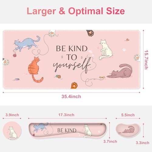 Large Gaming Mouse Pad Set, Pink Cats Ergonomics Keyboard Desk Mat with Memory Foam Wrist Rest, Extended Game Mousepad, Non-Slip Desk Pad Matt Easy Typing Pain Relief I Be Kind to Yourself - color: Be Kind to Yourself