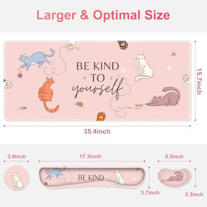 Large Gaming Mouse Pad Set, Pink Cats Ergonomics Keyboard Desk Mat with Memory Foam Wrist Rest, Extended Game Mousepad, Non-Slip Desk Pad Matt Easy Typing Pain Relief I Be Kind to Yourself - color: Be Kind to Yourself