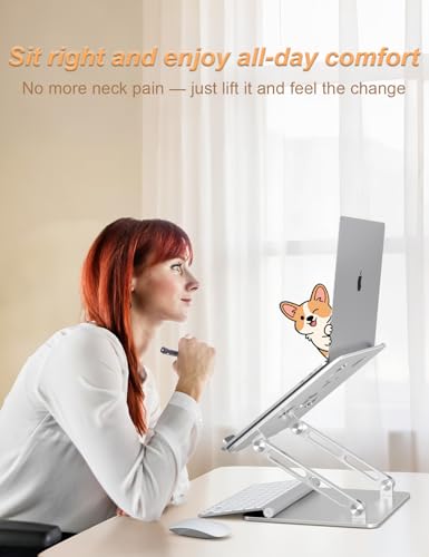 Aoviho Laptop Stand for Desk-Adjustable, Foldable, Portable, Ergonomic Aluminum Notebook Riser with Unique Puppy Shaped Vent, Desk Gift for 10"-17.3" Devices Mac, Dell, HP, Lenovo, Samsung, Silver - color: Silver