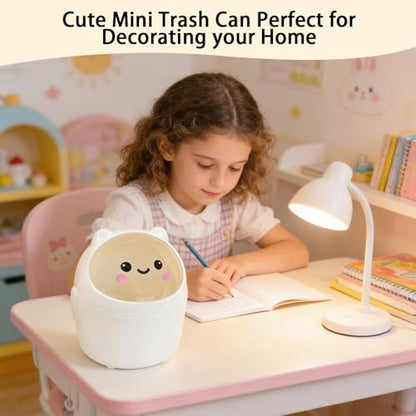 Mini Trash Can, Cute Small Trash Can with Lid, Desktop Paper Bin with 5 Rolls of Bin Liners, Portable Tabletop Dustbin, Cartoon Animal Rubbish Storage for Office Bedroom Desk Kitchen (White) - color: White