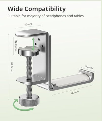 Headphone Stand for Desk – Aluminum Under Desk Headset Stand with Foldable Hook, Headphone Holder Clamp Mount for Gaming Accessories, Space-Saving Headset Hanger