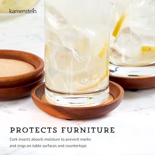 Kamenstein 4-Piece Acacia Wood Coaster Set with Cork Inserts - Drink Coasters Set of 4 with Non-Slip Felt Feet, Absorbent Cork Center, Stackable Storage, Natural Finish