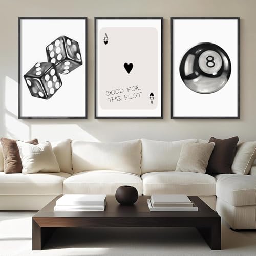 ADKYUVRR 3Pcs Black and White Game Room Wall Art Vintage Dice Ace Of Spades 8 Ball Wall Decor Trendy Poker Billiards Posters Canvas Prints For Man Cave Bar Living Room Bedroom 12x16In Unframed - color: Black and White Poster, size: 16"L x 12"W