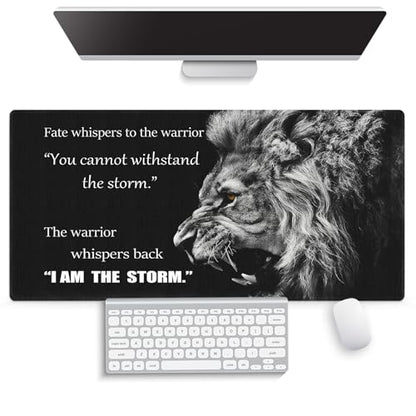 Large Gaming Mouse Pad (31.5" x 15.8")- Majestic Roar of a Lion Inspirational Quotes Warrior Whispers to Fate I am The Storm, Extra XXL Office Accessories, Premium Stitched Anti-Slip Desk Mat - color: Motivational Quotes