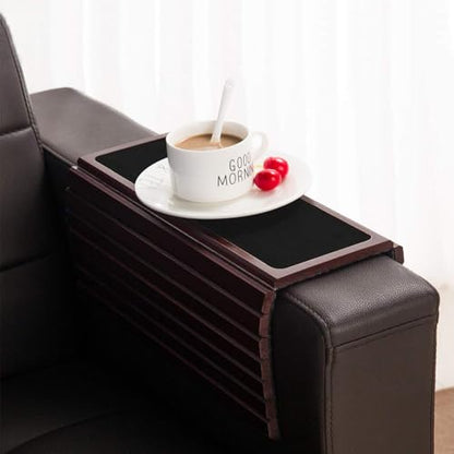 GEHE Couch Arm Tray Table, Flexible/Foldable Sofa Armrest Tray, Couch Armrest Table Cup Holder Great for Drinks Snacks Remote Control, Portable Side Table and Anti-Slip Bottom - color: Mahogany