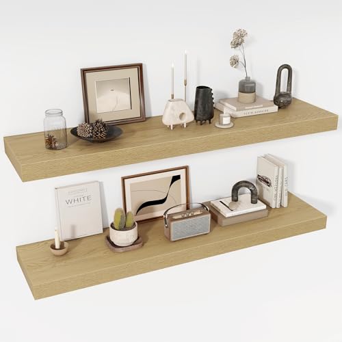 Acovy 48 Inch Floating Shelves, 12" Deep Floating Shelf Wall Mounted, 48" Wall Shelves, Rustic Deep Bookshelf, Extra Deeper & Thicker Display Shelves for Bedroom, Living Room, Oak, Set of 2 - color: Oak, size: 12"Wx48"L-2pcs
