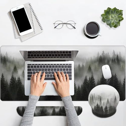 Arttown Misty Desk Mat Forest Mouse Pad Set 4 in 1 Tree Foggy Ergonomic Design Large Desk Pad + Keyboard Wrist Rest + Mouse Wrist Rest + Coaster Suitable for Home Office Study Game - color: Forest in Fog