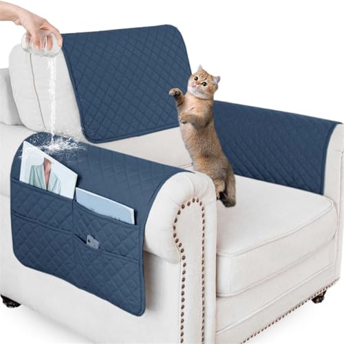 Waterproof Sofa Armrest Cover Headrest Cover with Side Pocket Non-Slip Couch Protector for Armchairs, Chairs, and Sofas (Berlin Blue,1 Seater 3PCS) - color: Berlin Blue, size: 1 Seater 3PCS