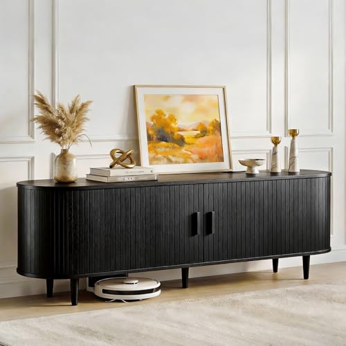 MXV 65" Mid-Century Modern TV Stand with Sliding Doors, TV Consoles with Power Outlet, Fluted Entertainment Center with Adjustable Shelves, for Living Room - color: Black, size: 65in