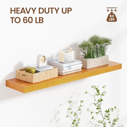 Heimlove Pine Wood Floating Shelves, 8 Inch Deep Real Wood Shelves Set of 2, Wall Mounted Rustic Wood 36x8 Floating Shelf with Invisible Brackets for Bedroom Kitchen Living Room - Honey Oak - color: Honey Oak, size: 36”Wx8”Dx1.6”H