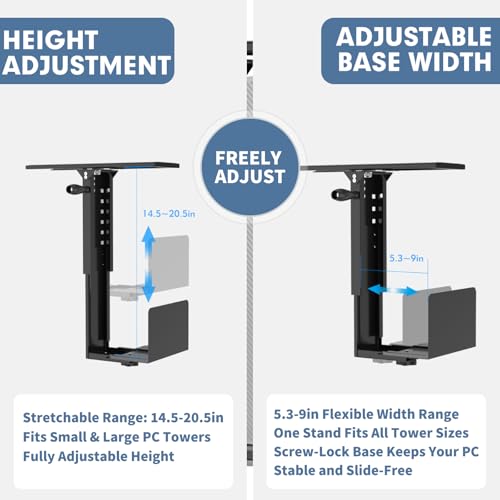 Under Desk PC Mount with Sliding Rail, 55 lbs Load Capacity, Height and Width Adjustable CPU Holder with 360° Swivel, Computer Case CPU Machine Holder Stand with Swivel and Secure Locking