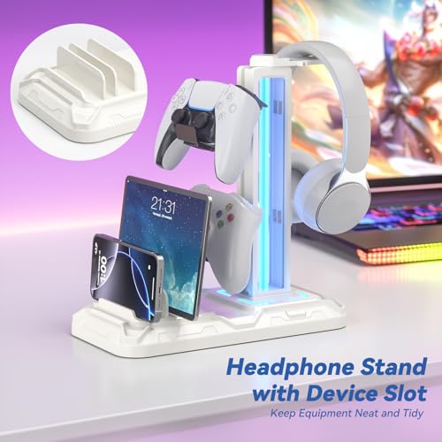 KDD Headset Stand with Charging Station - Detachable Controller Holder with 9 Light Modes - Rotatable Headphone Hanger with USB A&C Charger Ports - Earphone Hook for PC Gaming Accessories Storage - color: White
