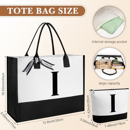 Aliceset Initial Gifts for Women Monogram Canvas Tote Bag and Makeup with Zipper and Initial Glass Coffee Cup Gifts for Her - style: Letter I