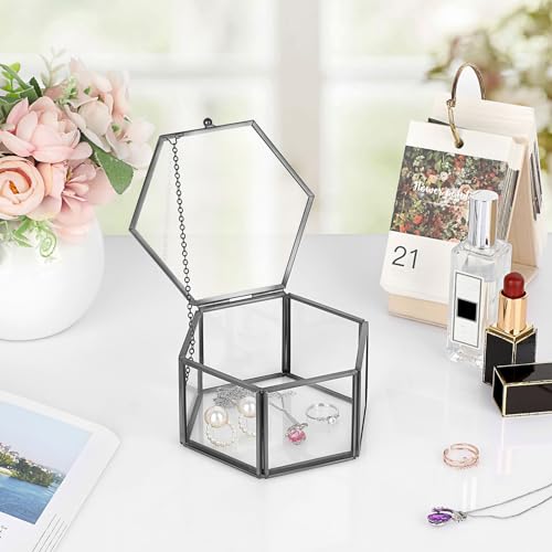 Hipiwe Glass Jewelry Box - Vintage Trinket Display Box Hexagonal Wedding Ring Box Black Jewelry Display Organizer for Rings Earrings Bracelet Watch, Medium - color: Black, size: Medium