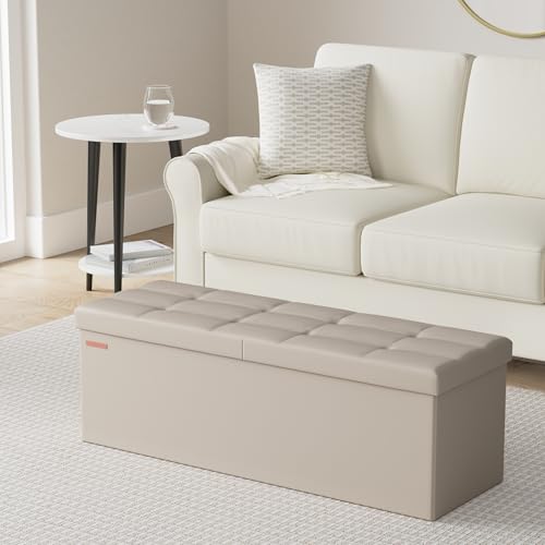 SONGMICS MAZIE Collection - 43 Inches Storage Ottoman Bench with Flipping Lid, Storage Chest with Iron Frame Support, Load 660 lb, for Living Room, Bedroom, Synthetic Leather, Camel Brown ULSF075K03 - color: Camel Brown, size: 15"D x 43"W x 15"H