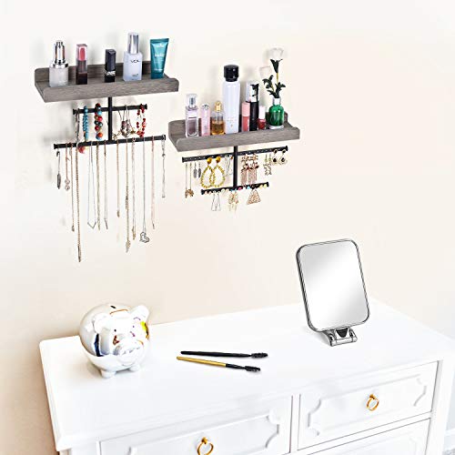 Keebofly Hanging Wall Mounted Jewelry Organizer with Rustic Wood Jewelry Holder Display for Necklaces Bracelet Earrings Ring Set of 2 Weathered Grey,[Patented] - color: Weathered Grey