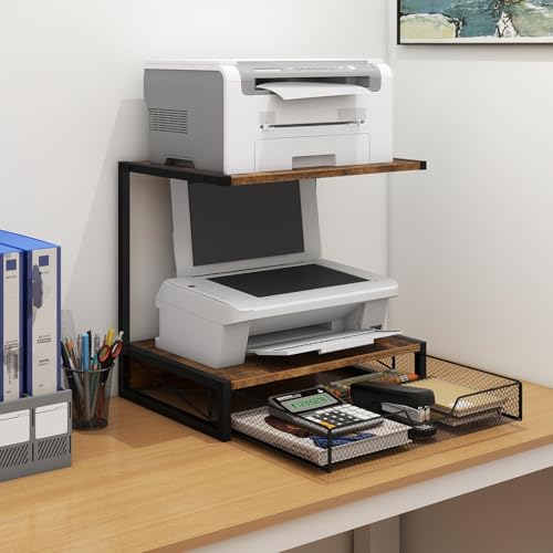 ELITEROO 2-Tier Desktop Printer Stand with Storage Drawer, Wooden Printer Stand for Desk, Small Printer Table with Shelf for Home Office, Fits Fax Machine, Scanner, 3D Printer, Rustic Brown - color: Rustic Brown with Drawer