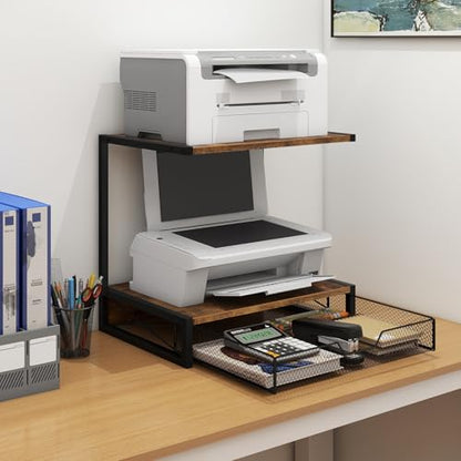 ELITEROO 2-Tier Desktop Printer Stand with Storage Drawer, Wooden Printer Stand for Desk, Small Printer Table with Shelf for Home Office, Fits Fax Machine, Scanner, 3D Printer, Rustic Brown - color: Rustic Brown with Drawer