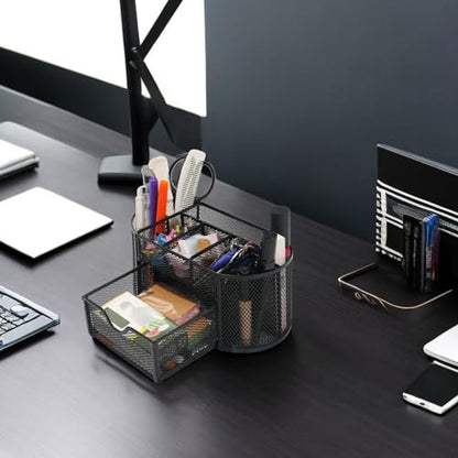 Newkita Desk Organizers and Accessories with Pencil Pen Holder Supply 8 Compartments and 1 Pullout Drawer for Home, School, and Office. (Black) - color: black