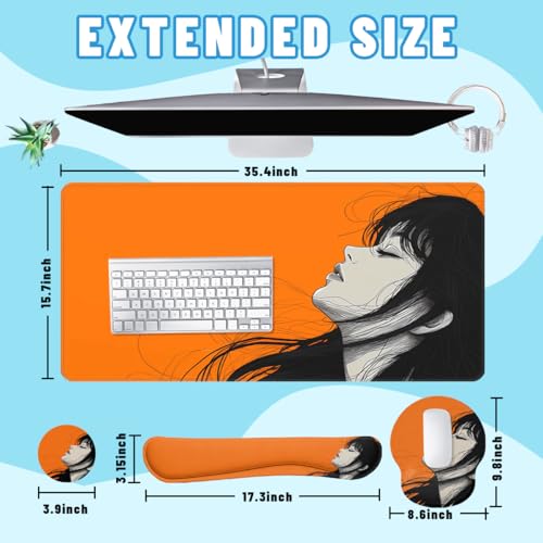 Anime Girl Aesthetic Desk Mat Set Minimal Line Art Portrait Mouse Pad with Wrist Rest 4in1 Desk Mat for Desktop Ergonomic Computer Desk Arm Wrist Anti-Slip Computer Mouse Pad Home Office Gaming - color: Anime Girl Aesthetic
