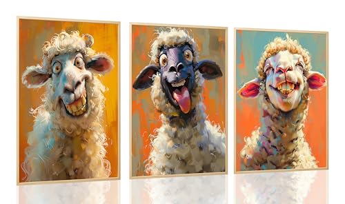 3Pcs Funny Smiling Sheep Canvas Wall Art Prints Humorous Farm Animals Painting Pictures Brightly Colored Fun Quirky Sheep Portrait Posters Wall Decor Perfect for Bedroom Bathroom Kids Room Farmhouse Decoration Unframed - color: White yellow, size: 16 in x