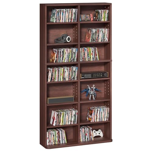 LELELINKY 7 Tier Tall Display Cabinet, Walnut Media Storage Cabinet with Adjustable Shelves, Free Standing DVD Organizer Shelf, Floor Multimedia Storage Manga Bookshelf for Living Room & Home Office. - color: Walnut, size: 7-Tier