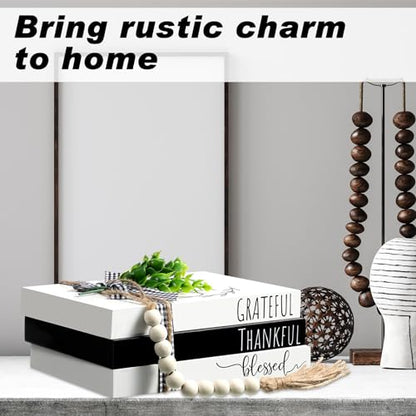 Capoda 3 Pcs Decorative Books for Home Decor Farmhouse Faux Stacked Books Wooden Rustic Table Decor with Bead Garland Twine Ribbon Faux Leaf for Table(Classic) - style: Classic