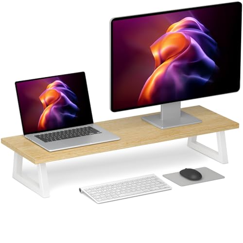 TEAMIX 31.5 inch Dual Monitor Riser - Wide TV Stand for 2 Monitors - Wood & Steel Desktop Riser for Dual Screen Office Desk Organization - color: Maple