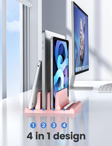 Vaydeer Vertical Laptop Stand for Desk, Dual Slots Plastic Laptop Holder with Space Saving 4-in-1 Design, Adjustable Laptop Stand Supports MacBook, Chromebook, Surface, Dell (Pink) - color: Pink