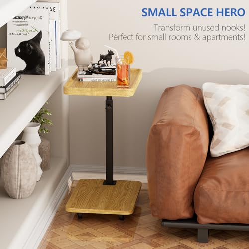 Tv Tray,Adjustable Height C Shaped End Side Table for Eating on Couch That Slide Under,360°Swivel Sofa Snack Dinner Table with Wheels for Living Room and Bedroom, Bed,Chair(Oak+Black) - color: Oak+black