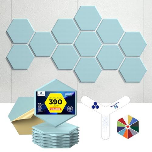 Self-Adhesive Acoustic Panels [390 lbs/yd³ Ultra-High Density], 2nd Generation Sound Absorbing Panel, Professional Level Sound Panel, Polyester Soundproof Foam [Medium Hexagon, Light Sky Blue] - color: Light Sky Blue, size: Medium Hexagon (12''x10''x0.4''