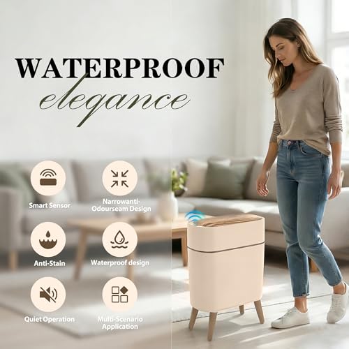 suyika Automatic Trash Can, 2.6 Gallon/10L Bathroom Trash Can with Lid - Wood Grain Lid and Legs, Touchless Waterproof Garbage Bin for Bedroom, Bathroom, Office, Living Room - color: Off-white