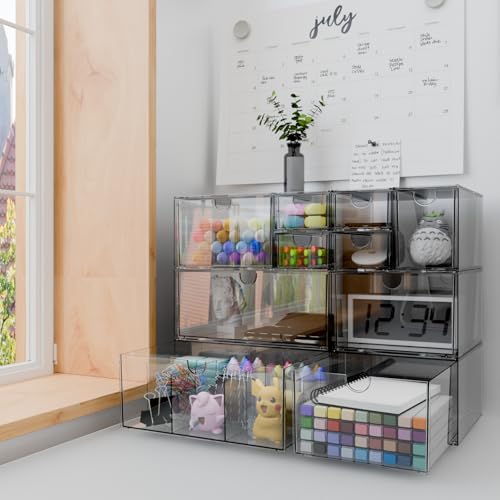 Desk Organizer Set, Clear Stackable Dustproof Storage Boxes for Desktop, Office, DIY Craft & Vertical Space Saving, Perfect for Makeup, Stationery, Jewelry Organization (10 Drawer) - size: 10 drawer clear