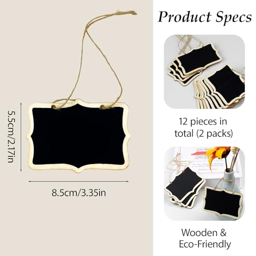 12-Pack Mini Hanging Wooden Chalkboard Labels – Small Reusable Blackboard Tags for Party Food Display, Name Tags, and Event Decorations