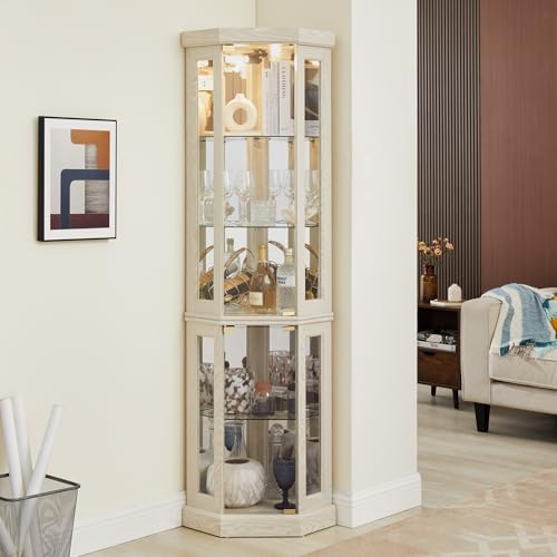 70" Lighted Corner Curio Cabinet,Inside Mirror Corner Glass Display Case with Tempered Glass Door for Living Room, Antique Collectibles, Wine & Bar Glass Storage, Lights Included - color: White, size: Style-A