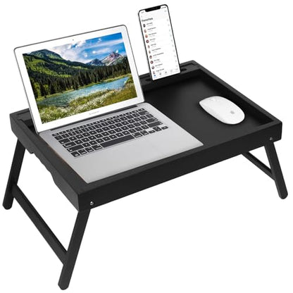 Bed Tray Table with Handles Folding Legs,Bamboo Breakfast Food Tray with Media Slot,Use As Platter,Laptop Desk,Snack,TV Tray Kitchen Serving Tray Black Large - color: Black, size: Large
