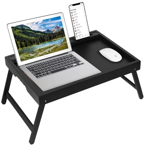 Artmeer Bed Tray Table with Folding Legs, Bamboo Breakfast Food Tray with Media Slot, Use As Platter, Laptop Desk, Snack, TV Tray Kitchen Serving Tray (Black Extra-Large Size) - color: Black, size: X-Large