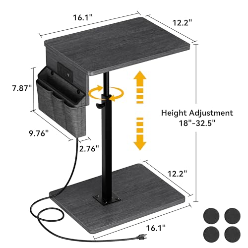 Vagusicc Sofa Armrest Tray Table for Couch - 360° Swivel Height Adjustable Side Table for Small Spaces, Snack Side Table for Bed or Chair, C Shaped End Table Snack Table for Eating Dinner Laptop - color: Gray Walnut, style: With Plug+Storage Bag