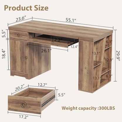 HSH 55" Executive Computer Desk,Farmhouse Home Office Desk with Storage Drawers and Keyboard Tray, Rustic Wood Work Study Writing Pc Table Studio Desks Wooden Workstation with Shelves and Cabinet - color: Rustic Oak